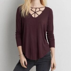 American Eagle Soft & Sexy Burgundy Long Sleeve Cut Out Top, XL